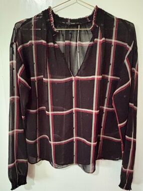 Zara| Navy Blue Sheer Windowpane Plaid Blouse w/Red & White Stripes Sz M